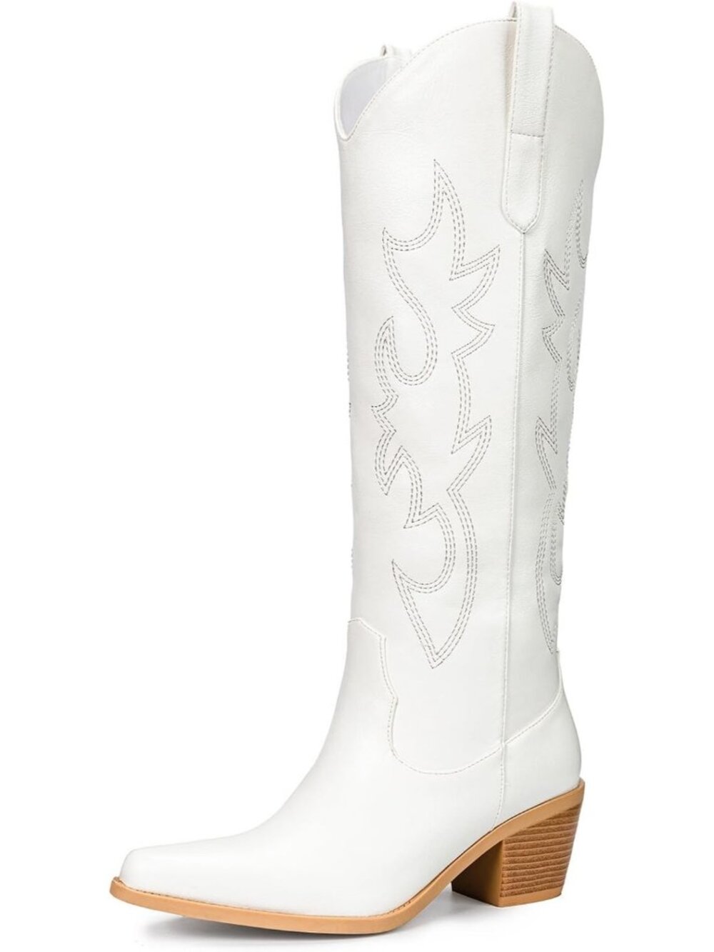 Women's White Pointed Toe Chunky Knee High Wide Calf Western Cowgirl Tall Boot